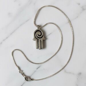 Silver Modern Hamsa Hand Pendant Necklace with black Enamel Swirl